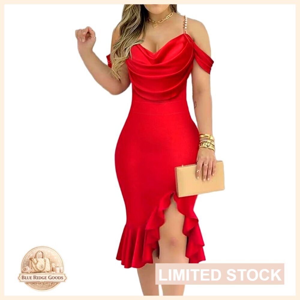 Sexy Bodycon Off Shoulder Midi Dress Ruffle Hem Pearl Strap Cocktail Party
